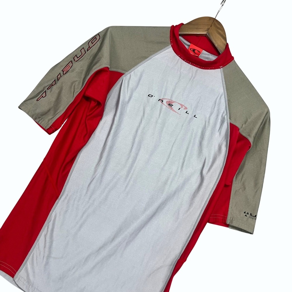 O'Neill Men Rash Guard Short Sleeve Swim Shirt Grey Red UV Protection Surf Tee M